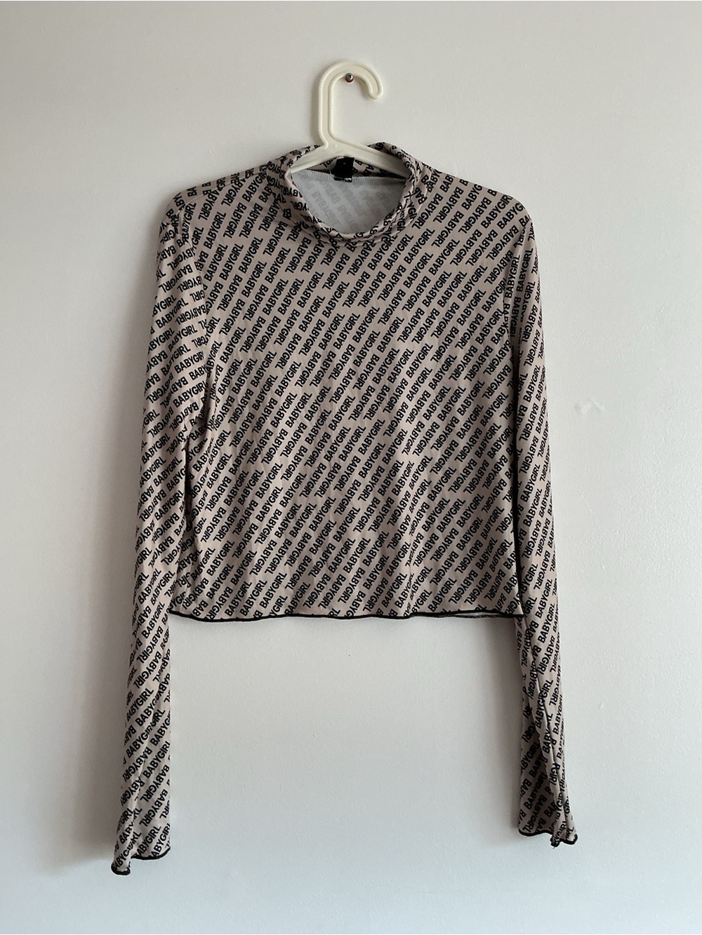 SHEIN Beige Mesh Long Sleeve Top with Black Print